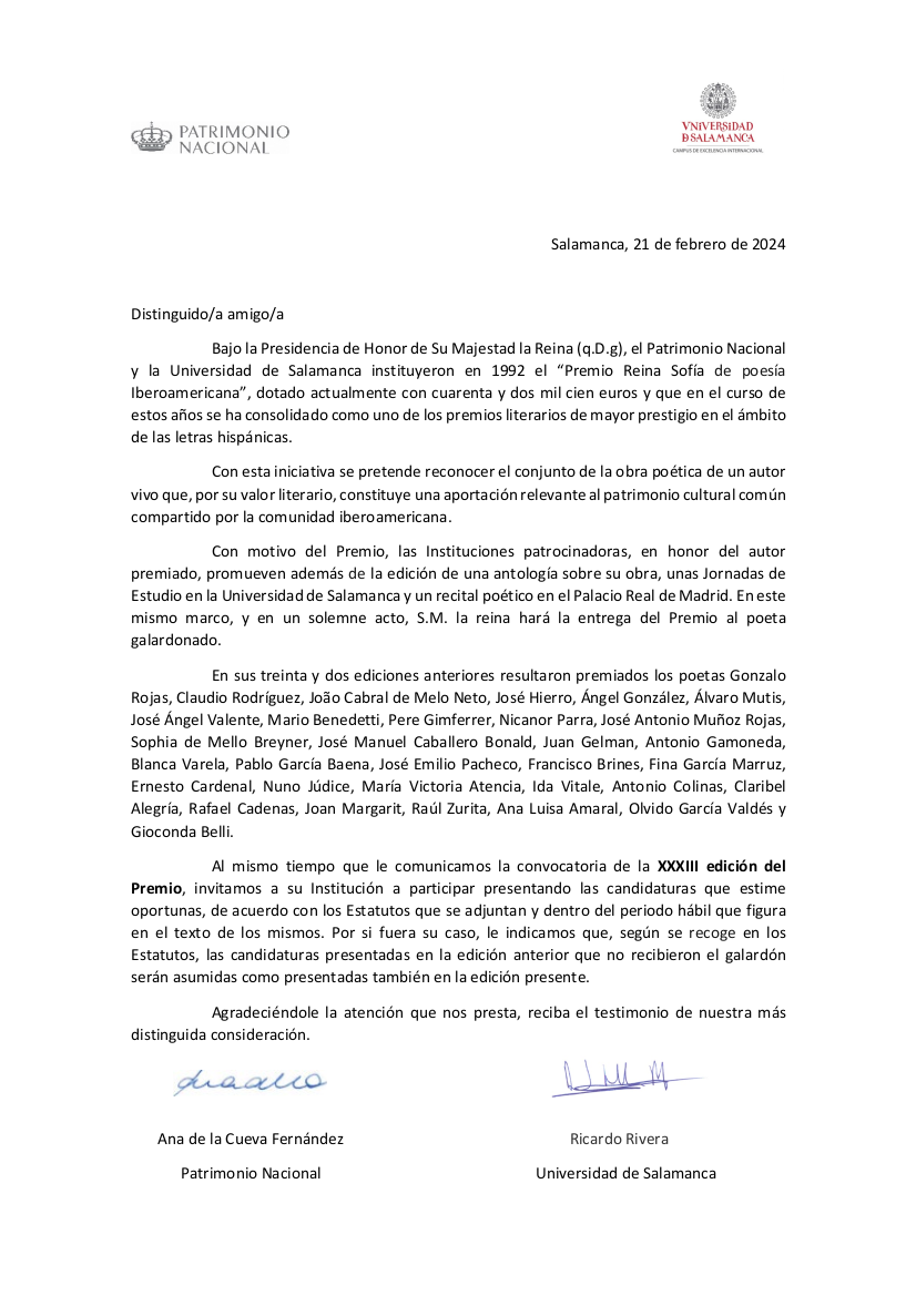 Carta Reina Sofía 2024
